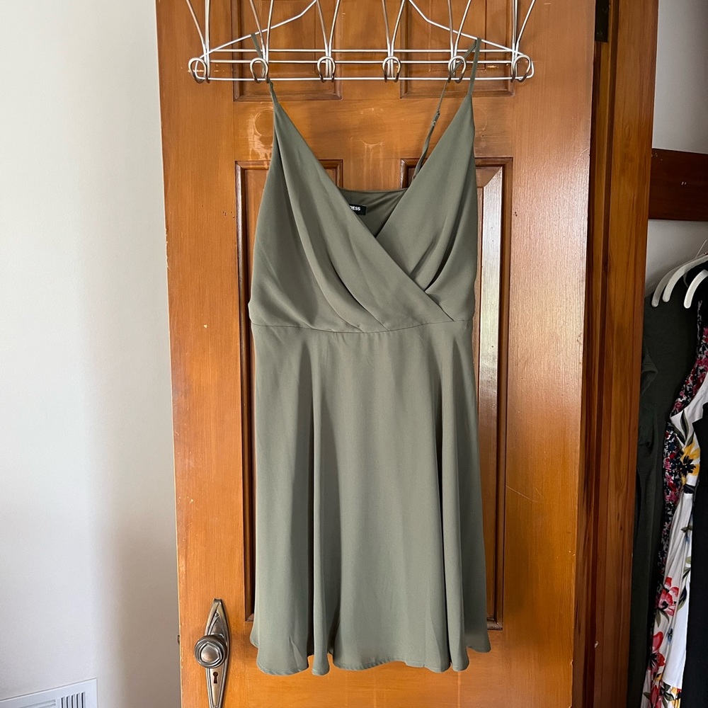 Olive Green, cross front, short, Express formal dress
